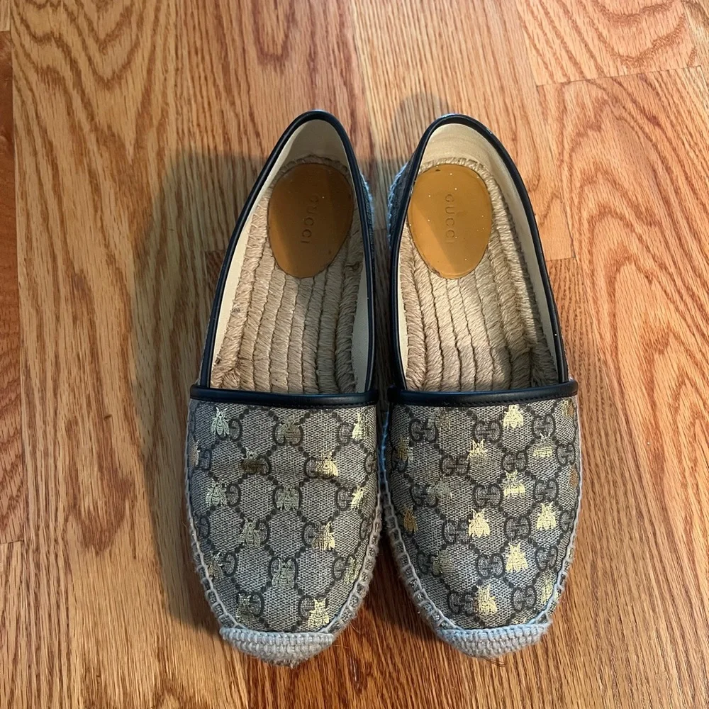 Gucci Beige GG Monogram Espadrille Flats with Black Trim